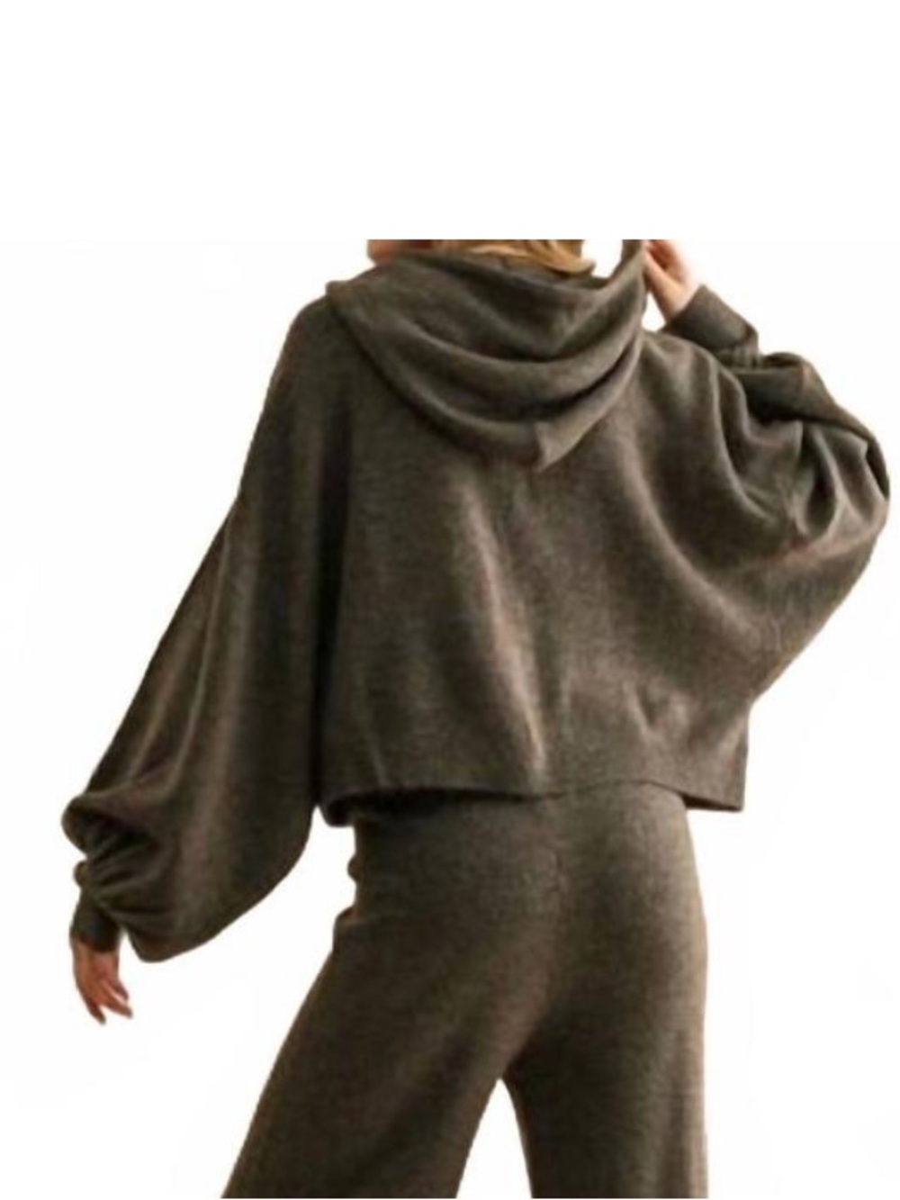 Miou Muse V-Neck Balloon Sleeve Cropped Knit Hoodie